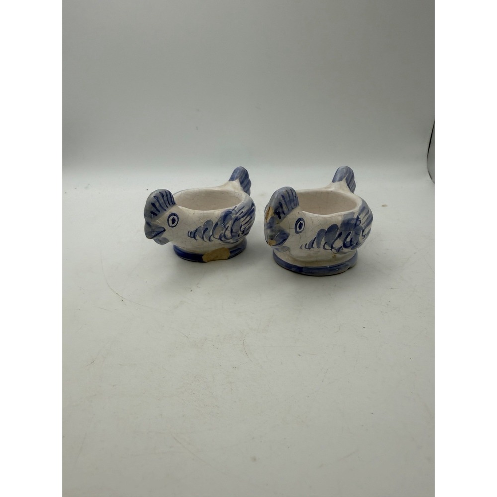 Pair Vintage Blue White Pottery Bird Open Salt Cellars Dip Bowls